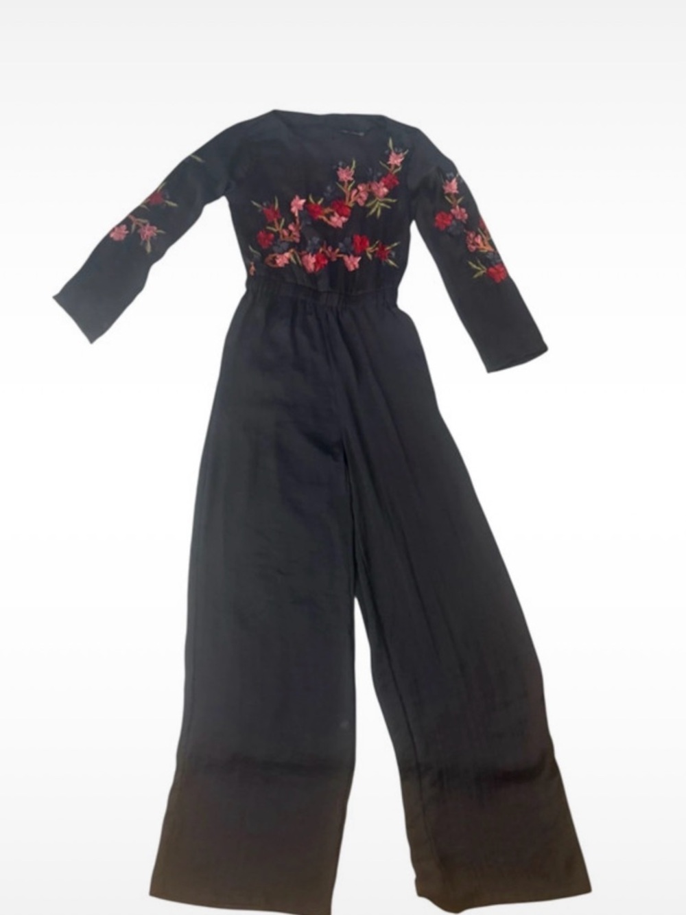 Embroidered Black Wide-Leg  Sateen line Jumpsuit